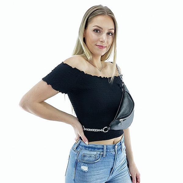 Black belt bag with silver chain belt strap