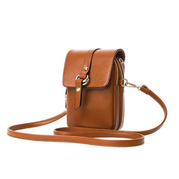 Brown phone purse with 2 zipered pocket compartments