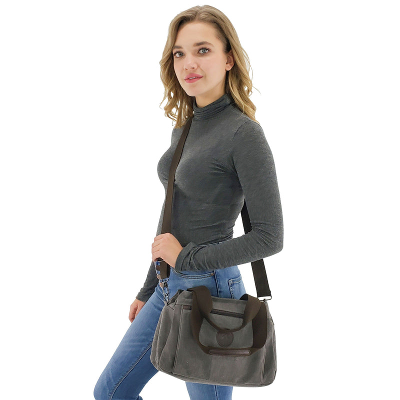 Canvas handbag crossbody triple compartment, Black, Blue, Gray, Khaki, Purple