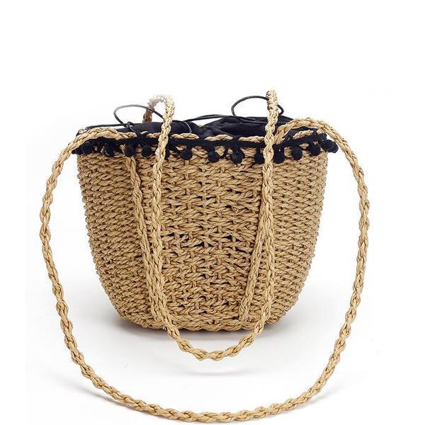 Beach straw bucket bag with drawstring
