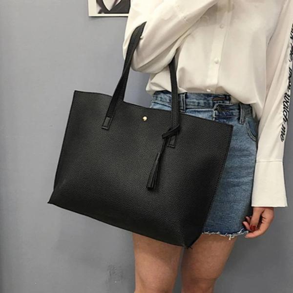 Cheap black leather tote bag with shoulder strap