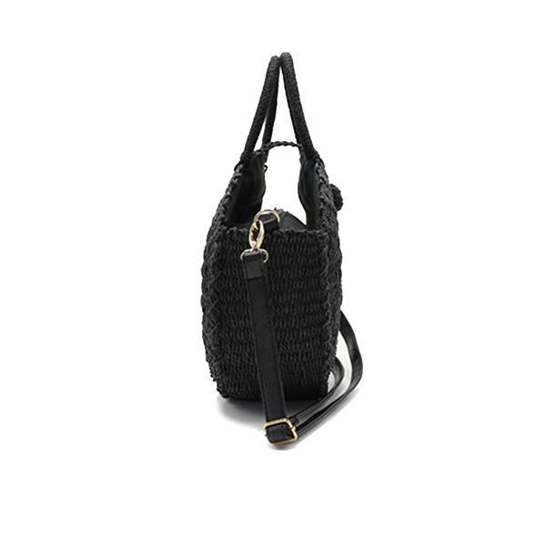 black straw round bag with leather strap