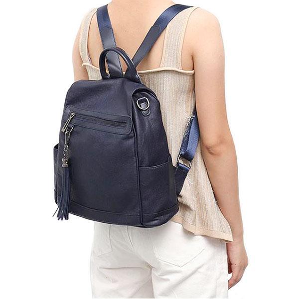 Blue leather backpack with shoulder strap for womens