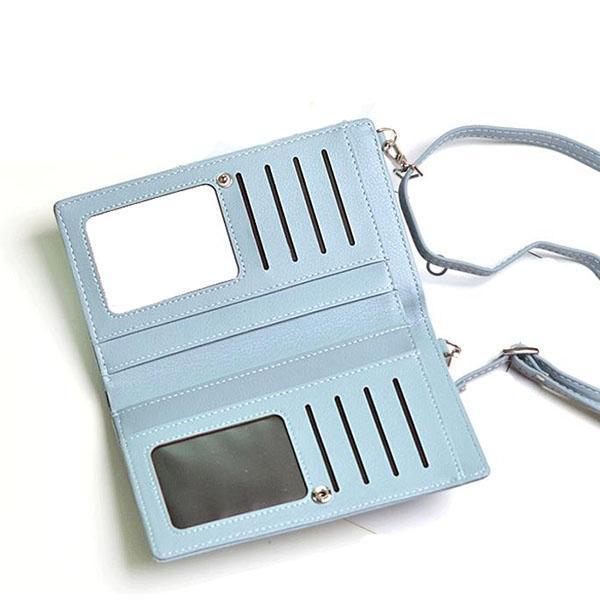 Blue wallet with crossbody strap