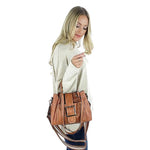 Brown handbag with top handles and buckle