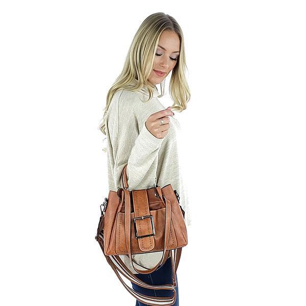 Brown handbag with top handles and buckle