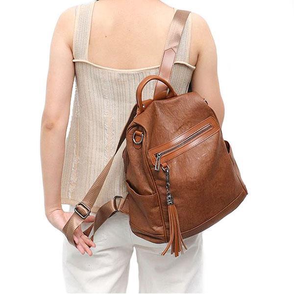 brown leather backpack with shoulder strap for womens