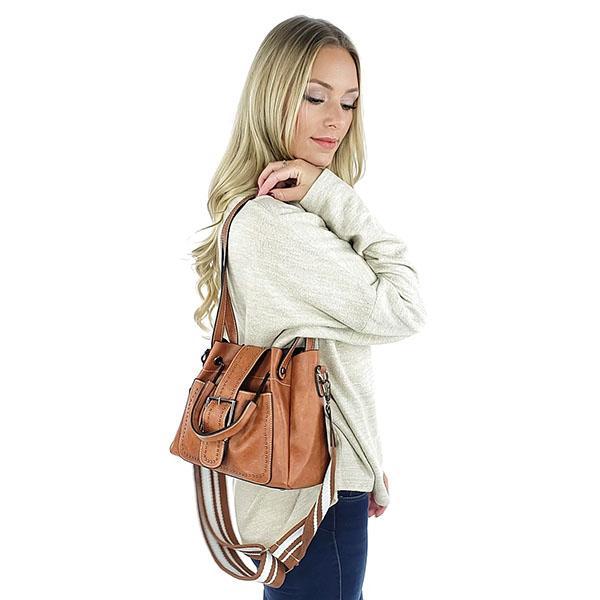 Brown crossbody shoulder bag with buckel and top handles
