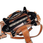 Brown handbag with lot of compartment and buckle closure