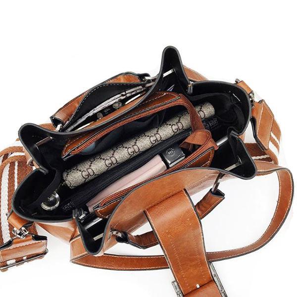 Brown handbag with lot of compartment and buckle closure