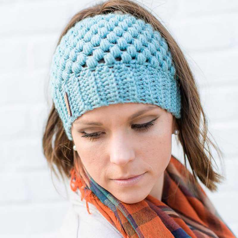 Model wearing blue Montana, Beautiful Ponytail Beanie for Women