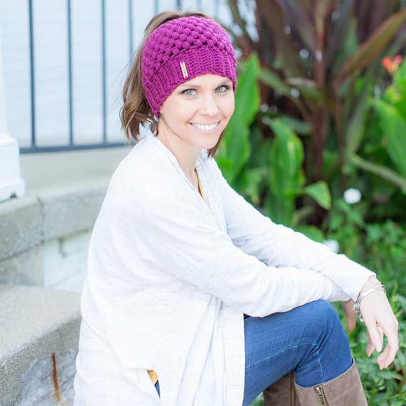 Model wearing purple Montana, Beautiful Ponytail Beanie for Women