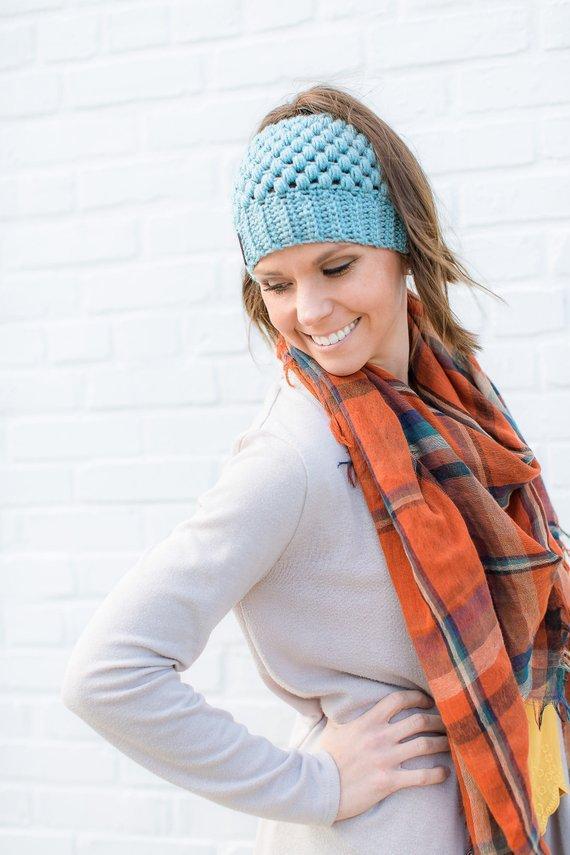 Model wearing blue Montana, Beautiful Ponytail Beanie for Women