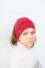Model wearing red Montana, Beautiful Ponytail Beanie for Women