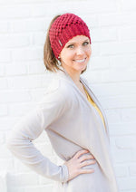 Model wearing red Montana, Beautiful Ponytail Beanie for Women