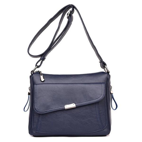 Blue leather crossbody bag with large front pocket