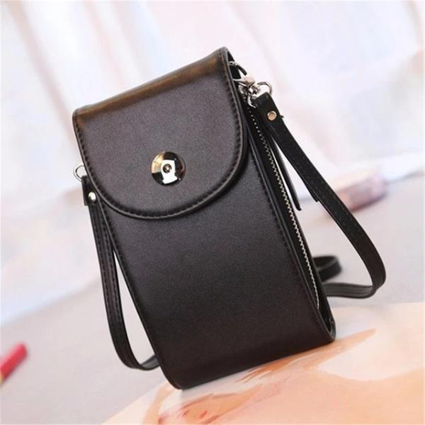 Black crossbody leather phone bag with triple pocket