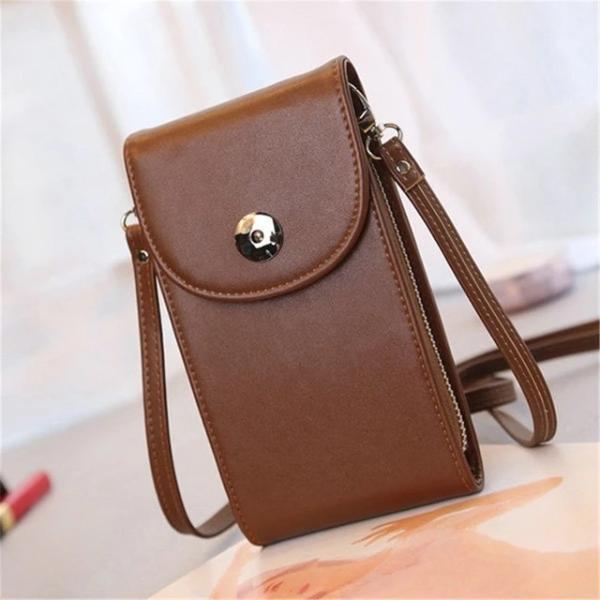 Brown crossbody leather phone bag with triple pocket