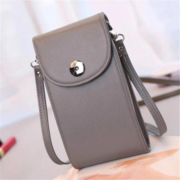 Gray crossbody leather phone bag with triple pocket