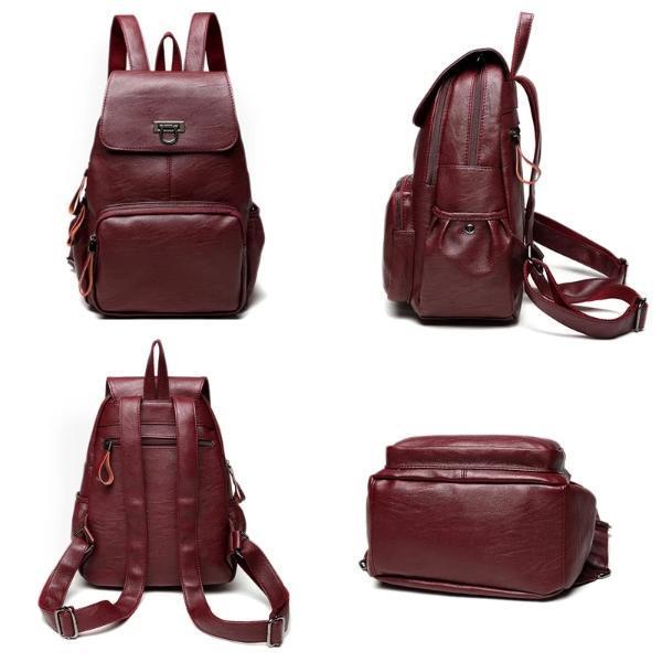 Women red wine leather backpack for girls