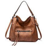 Brown Large leather crossbody tote with double strap