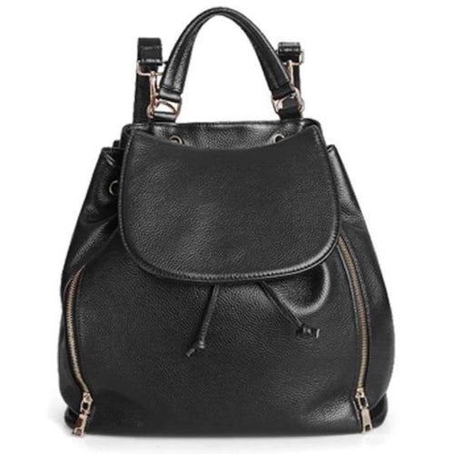 Black leather backpack with top handles for women
