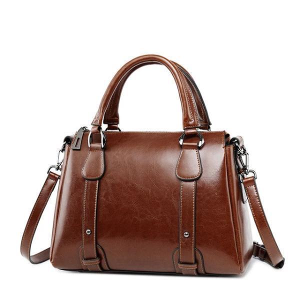 Dark brown leather crossbody purse with handles