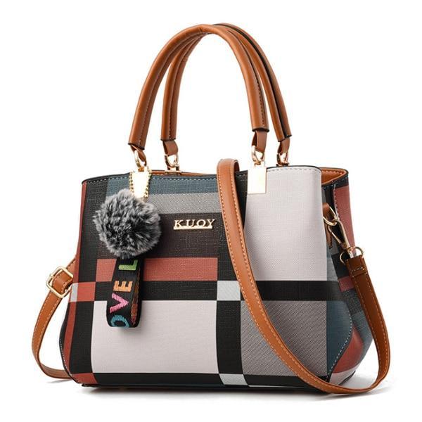 Plaid crossbody bag with brown handles