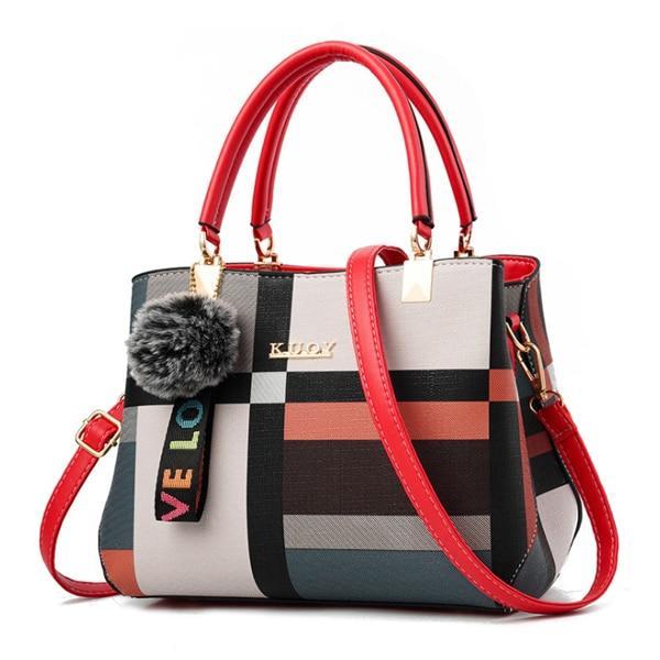 Plaid crossbody bag with red handles