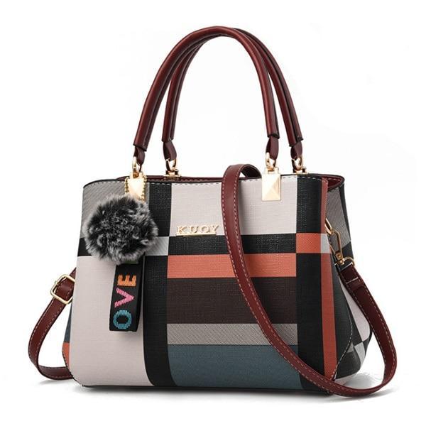 Plaid crossbody bag with burgundy handles