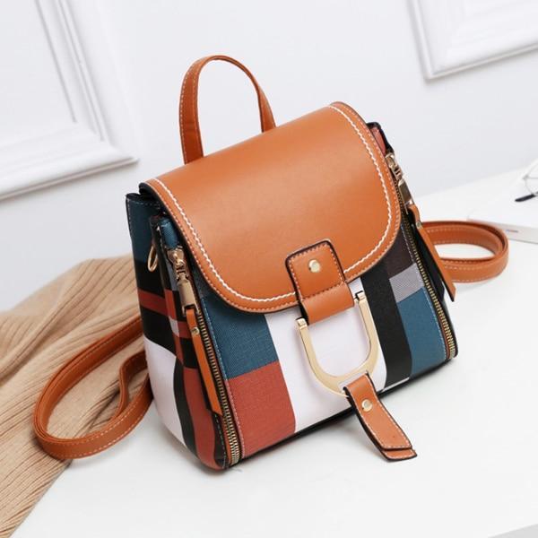 Brown backpack purse plaid
