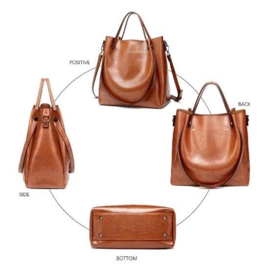 brown leather tote bag with shoulder strap and sroccbody strap