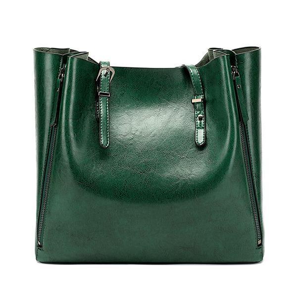 Green leather tote bags with zipper closure