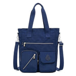 Navy blue nylon tote bag with zipper closure for women