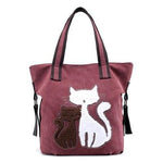 Burgundy cat canvas tote bag