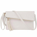Beige leather clutch with crossbody strap