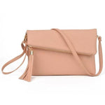 Pink leather clutch with crossbody strap