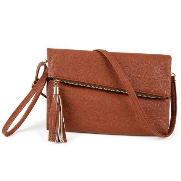 Brown leather clutch with crossbody strap