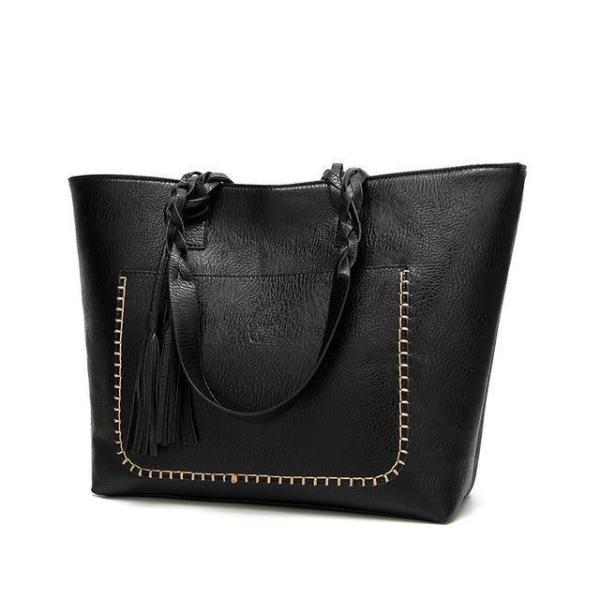 Black leather tote bag with tassels