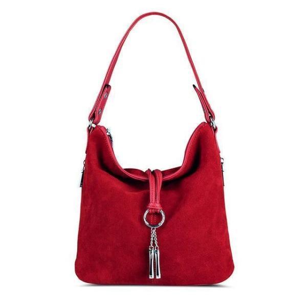 Red suede crossbody hobo bag