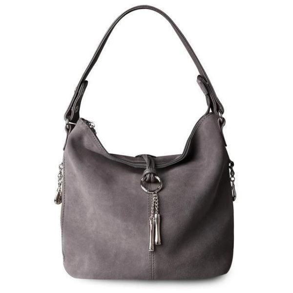 Gray suede crossbody hobo bag