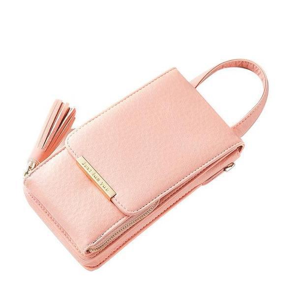 Pink cell phone bag with crossbody chain strap