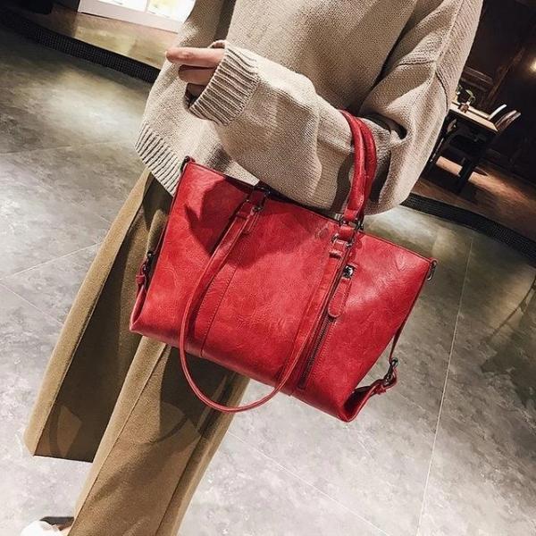 Red crossbody tote bag leather
