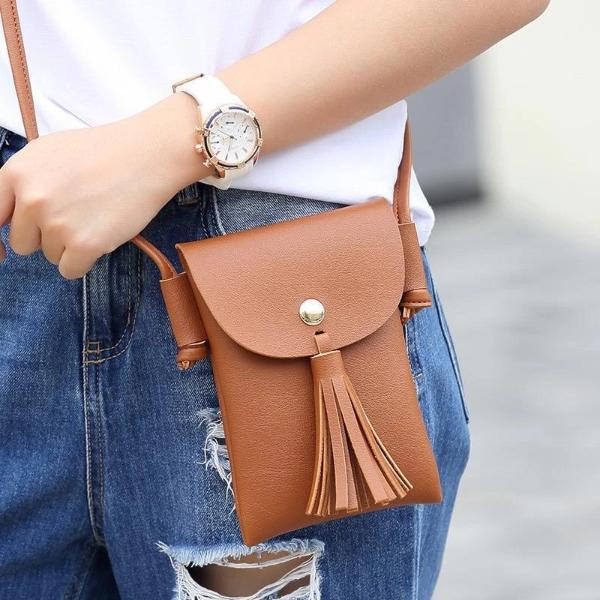 Brown tassel cell phone crossbody bag
