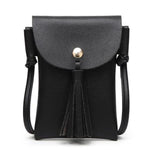 Black leather crossbody phone bag with tassel