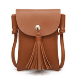 Brown leather crossbody phone bag with tassel