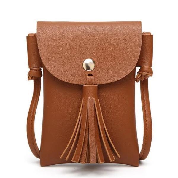 Brown leather crossbody phone bag with tassel