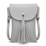 Gray leather crossbody phone bag with tassel