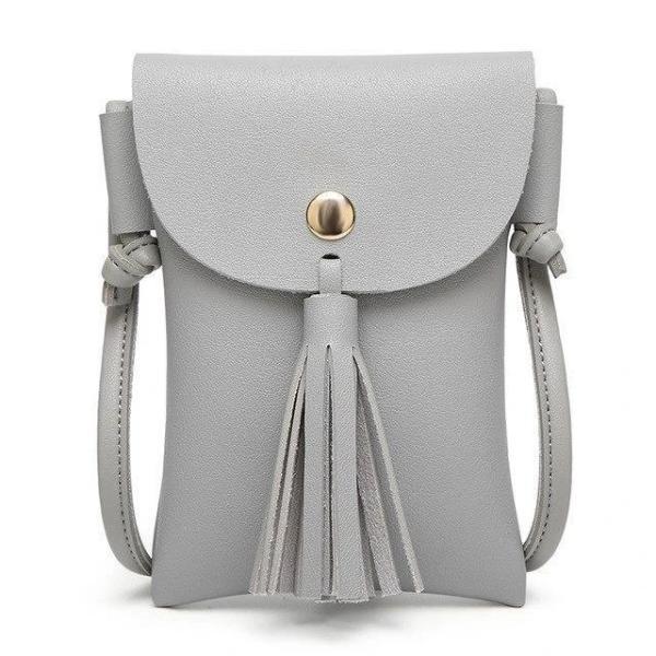 Gray leather crossbody phone bag with tassel