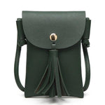 Green leather crossbody phone bag with tassel
